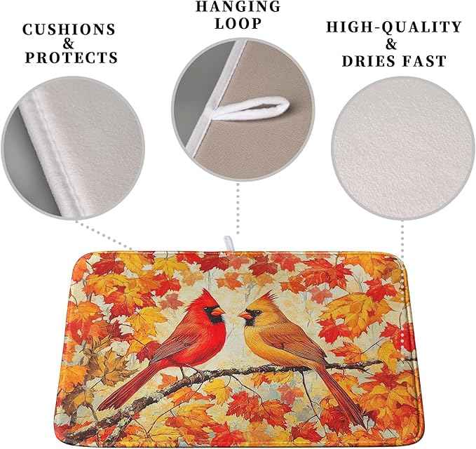 Kwlegh Fall Dish Drying Mats for Kitchen Counter Maple Leaf Cardinal Birds Dish Draining Mat 16x18 Inch Autumn Thanksgiving Dish Rack Mat Microfiber Absorbent Dish Drainer Pad