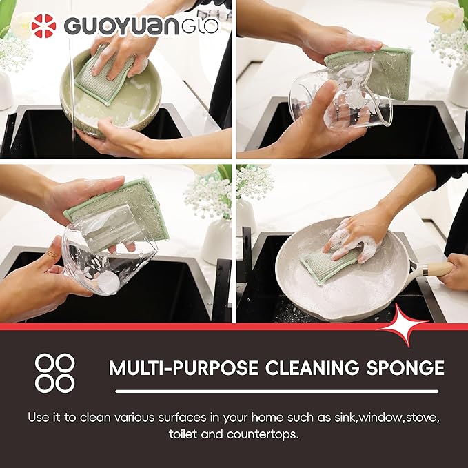 GUOYUANGLO Bamboo Kitchen Sponges Heavy Duty Natural Cleaning Sponges Non-Scratch Dish Sponge for Dishes, Pots and Pans-Green,6 Pack