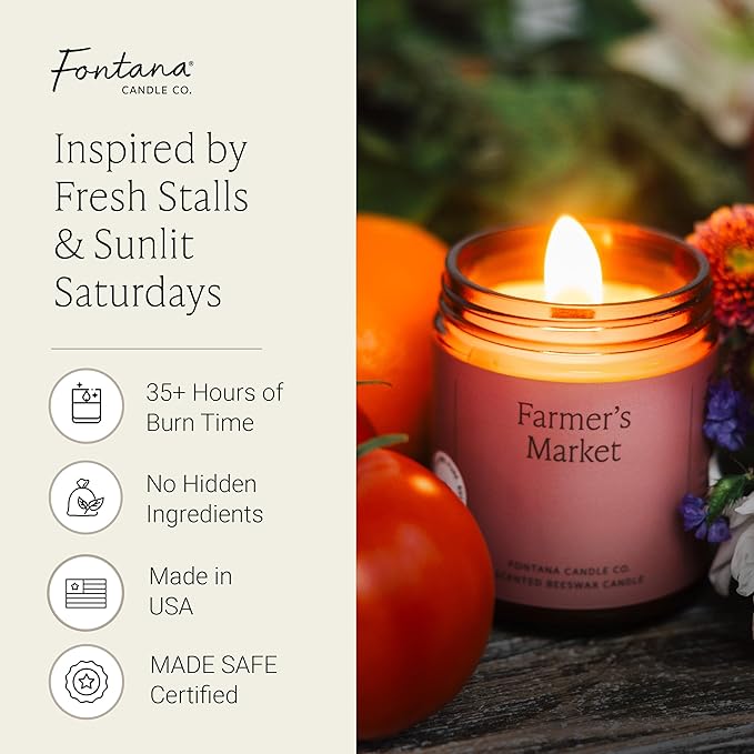 Fontana Candle Co Wood Wick Beeswax Jar Candles, Farmer's Market - Made with Coconut Oil & Pure Essential Oils – Clean Burn, Long Lasting and Non-Toxic Candles for Home & Room Decor