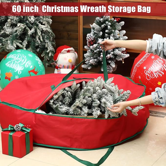 1 Pcs 60" Christmas Wreath Storage Bag Zippered Garland Holiday Container with Reinforced Handle Tear Resistant 600d Oxford Organizer Wreath Holder with Card (Red)