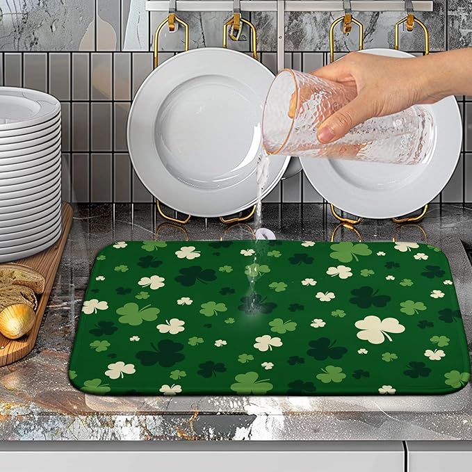 Wnoesat St.Patrick's Day Dish Drying Mat for Kitchen Counter Green Shamrock Drying Mats Spring Lucky Clovers Draining Pad Microfiber Absorben Dish Drainer Rack Mat Reusable Washable Dry Mat 16x18 Inch