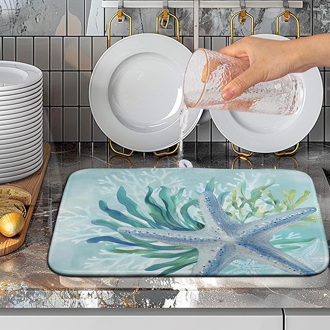 Wnoesat Summer Coastal Dish Drying Mat for Kitchen Counter Nautical Beach Starfish Coral Dish Drying Pad Ocean Teal Blue Dish Mat Absorbent Microfiber Dishes Drainer Mats 16"x18"