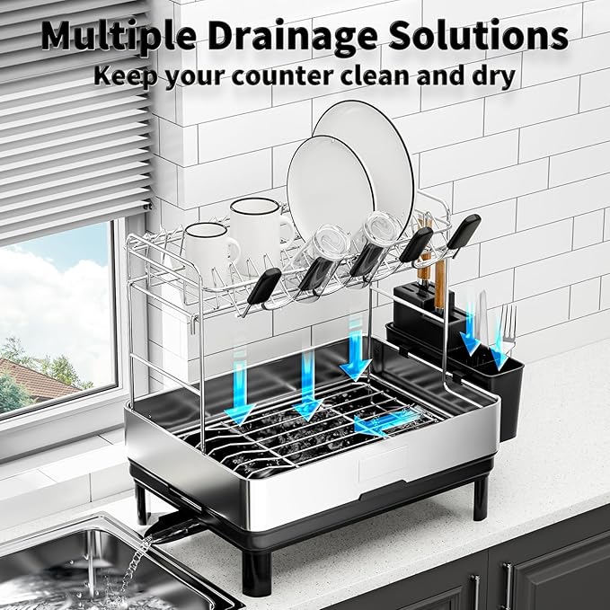 Ewaiira Dish Drying Rack, 2 Tier Large Dish Rack, Stainless Steel Dish Drainer for Kitchen Counter, Dishes Rack with Automatic Drainage, Utensil Holder,Cups Holder,Space Saving Kitchen Organizer,Black