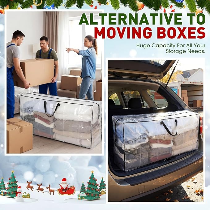 4 Pack Extra Large Christmas Tree Storage Bag 9 ft Artificial Tree, 126gallon Heavy Duty Moving Bag 65" Waterproof Clear Oversized Box with Handle Label Pocket for Camping College (Black)