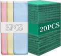 GUEICN Heavy Duty Scour Pads Sponge Dish Scrubber Non-Scratch Green Reusable Household Scrub Pads for Kitchen and Dish Cleaning Tool (20Pcs Sponge+3Pcs Clean Towel)