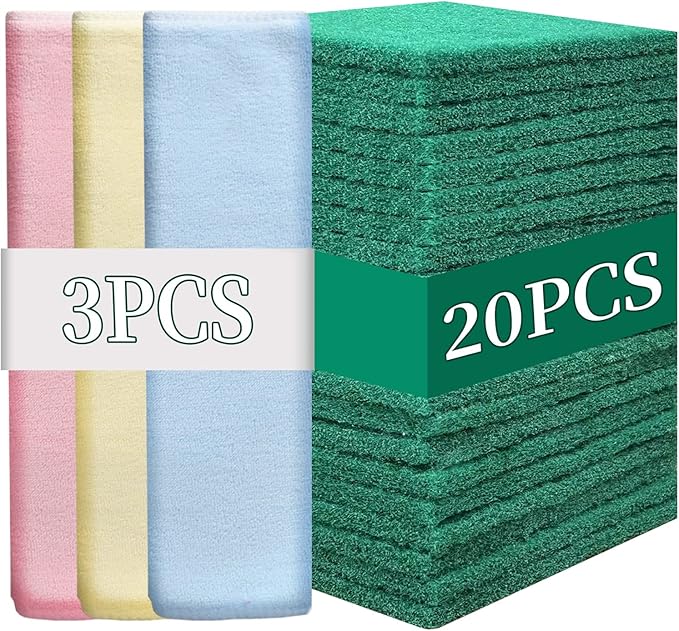 GUEICN Heavy Duty Scour Pads Sponge Dish Scrubber Non-Scratch Green Reusable Household Scrub Pads for Kitchen and Dish Cleaning Tool (20Pcs Sponge+3Pcs Clean Towel)