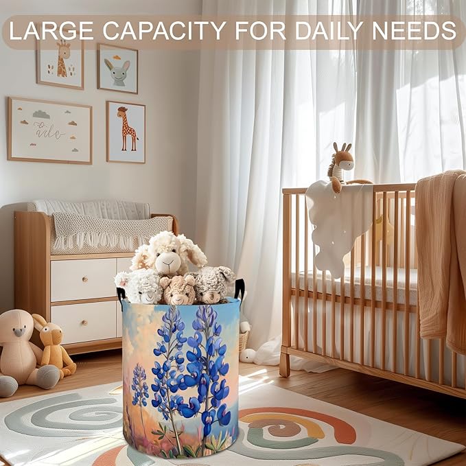 Bluebonnet Flower Laundry Basket Hamper 19.7"x15.8", Wildflower Foldable Waterproof Oxford Clothes Storage Bucket for Room Bathroom Bedroom Nursery Decor, Toy Organizer Bins Gifts for Kids Boys Girls