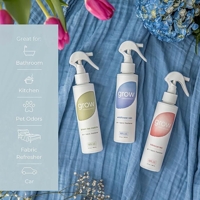 Grow Fragrance Spring 3-Pack – Non-Toxic Air Freshener Spray – Green Tea Matcha, Hibiscus Tea & Wildflower Rain – 100% Plant-Based Essential Oils – Safe for Home, Car & Linens – 5 oz Each