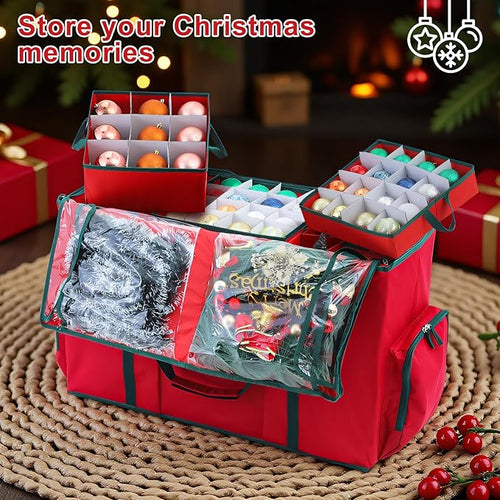 2-In-1 Christmas Decoration Ornament Organizer Box， Movable Pallet Santas Bags Ornament Storage Containers, Holds 73 Holiday Ornaments, Adjustable Space For Figurines And Pockets For Decoration