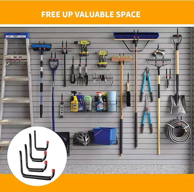 6 Pack Garage Hooks Heavy Duty, Utility Steel Hooks with EVA Foam Padding, 4.56inch Wall Mount J Organizer Hanger for Hanging Bikes Kayak Garden Tool Hose Bike Shelf
