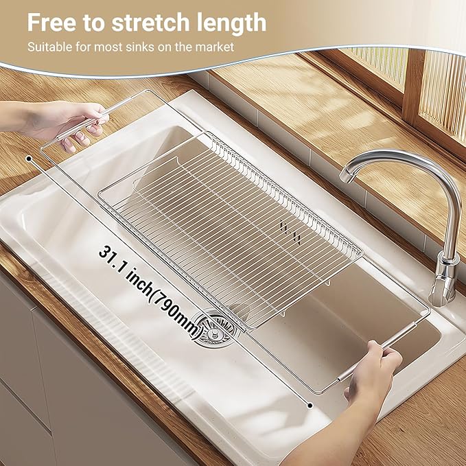TABABAO Expandable Over The Sink Dish Drainer Drying Rack, Stainless Steel Metal, Small Adjustable Dish Drainer Drying Rack for Kitchen Counter, Space Saving for Compact Kitchen