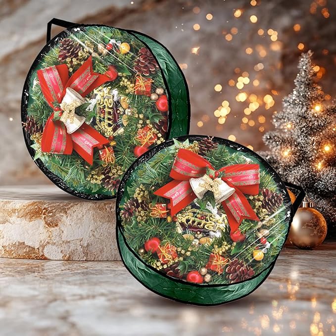 6 Pack Wreath Storage Container Bag 30 Inch Christmas Wreath Storage Bag Heavy Duty Christmas Wreath Boxes with Clear Window for Xmas Holiday Seasonal Wreath Garland(Green)