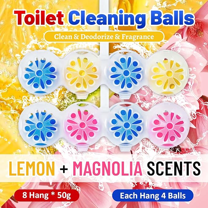 STRN Toilet Bowl Cleaners Rim Hanger, Toilet Bowl Cleaning Balls, Lemon & Magnolia Scents, Toilet Bowl Freshener, 8 Packs