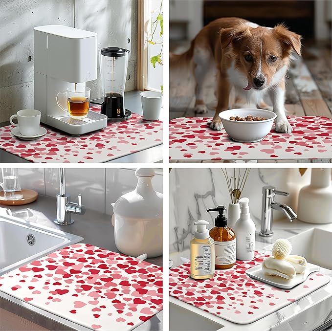 Wnoesat Valentines Dish Drying Mat Pink Red Love Hearts Valentine Drying Mats for Kitchen Counter Absorbent Microfiber Reversible Dish Draining Mat Extra Large Dishes Pad 18 X 24 Inch