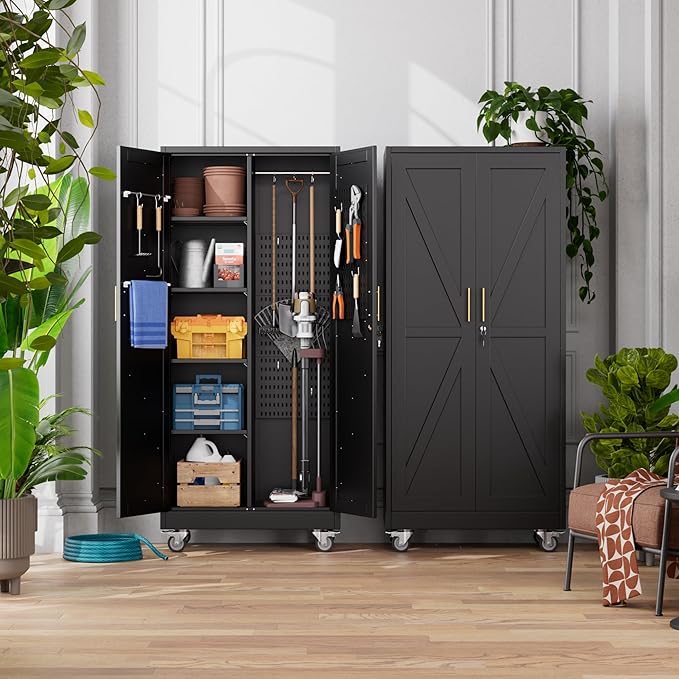 Aobabo Broom Closet Storage Cabinet with 4 Shelves, Garage Storage Cabinet with Wheels for Garage Home, Black, Assembly Required