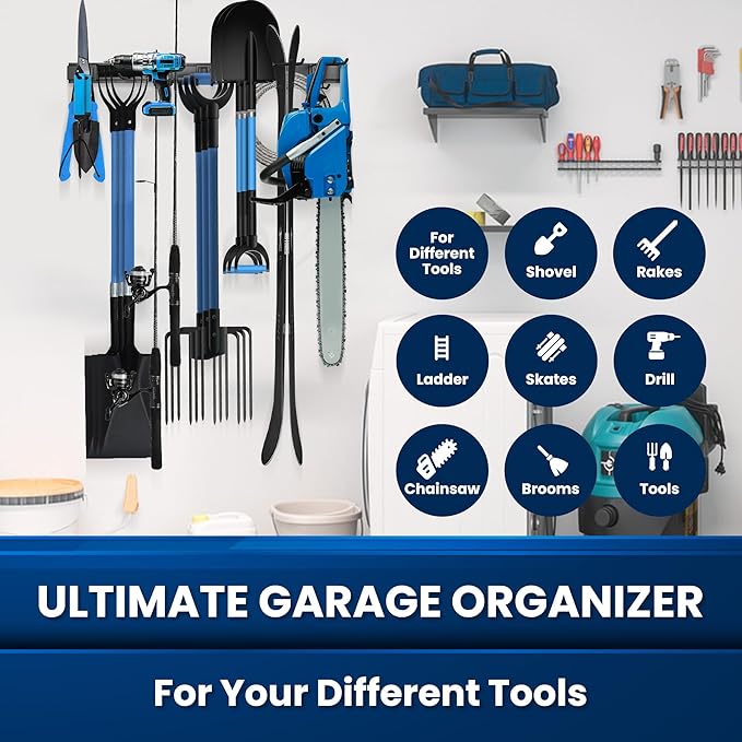 SUKIZZ 64'' All-Metal Garage Tool Organizer Wall Mount – Heavy-Duty Tool Rack Holds 680 lbs, Adjustable Hooks for Garage, Yard, and Garden Equipment