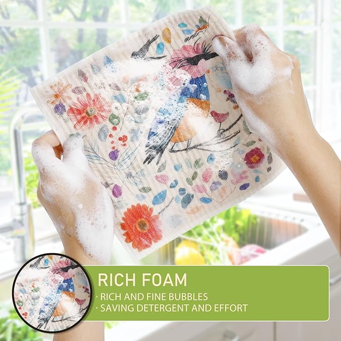 Yelasenari Swedish Dishcloths for Kitchen Reusable 6 Pack Kitchen Towels No Odor Quick-Drying Reusable Paper Towels Reusable Paper Towels Washable for Countertop Sink Kitchen Flower Bird