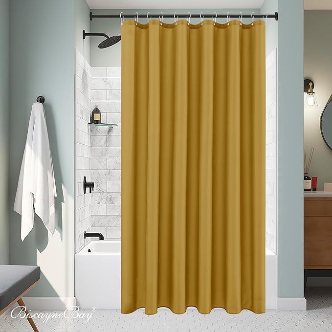 Biscaynebay Hotel Quality Extra Long Fabric Shower Liners 72" Width by 84" Length, Gold Water Resistant Bathroom Curtains Rust Resistant Grommets & Weighted Bottom Hem Machine Washable