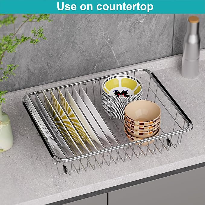iPEGTOP Expandable Dish Drying Rack, Over The Sink Dish Rack, in Sink Or On Counter Dish Drainer with Black Utensil Holder Cutlery Tray, Rustproof Stainless Steel for Kitchen