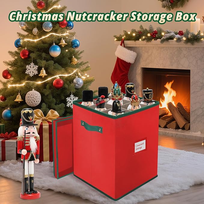 Christmas Nutcracker and Figurine Storage Box, Keeps 9 16" Tall Holiday Nutcrackers, Figurines, and More -Xmas Decor Collectible Organizer with Adjustable Dividers, 600D Oxford Fabric Tear-Proof