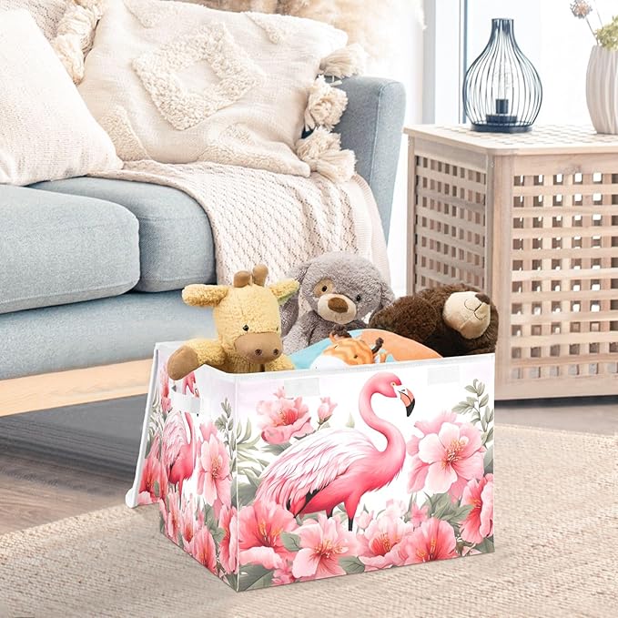 Bolaz Storage Bins with Lids and Handles,Pink Flamingo Storage Box Storage Basket with Cover Collapsible Organizer Containers for Home Closet, Shelves