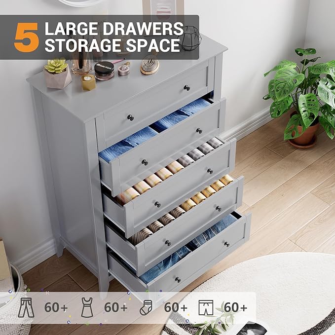 Modern 5 Drawers Dresser for Bedroom, Tall Wood Chest of Drawers for Clothes, Big Storage Dressers Organizer with Gold Handles & Deep Drawers, Living Room, Closet, Hallway, Grey