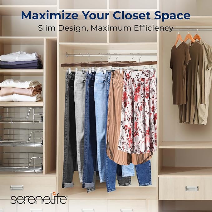 SereneLife 30 Pack Skirt and Pant Hanger with Adjustable Non-Slip Steel Clips, Premium Wooden, 360° Swivel Hook & 10 lb Capacity – Space-Saving Heavy-Duty Hangers for Jeans, Shorts & Slacks (Brown)