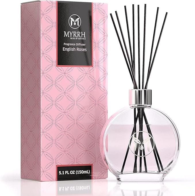 English Roses Scented Reed Diffuser Set with 8 Rattan Diffuser Sticks, 150 ml, All Natural Air Freshener, Long-Lasting Diffusers at Home - MyrrhUSA