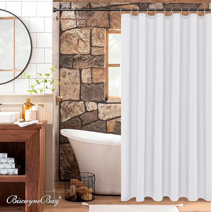 Biscaynebay Fabric Shower Curtain Short Stall Liners 72" W X 65" L, White Water Resistant Bathroom Curtains, Rust Resistant Grommets Top Weighted Bottom Machine Washable