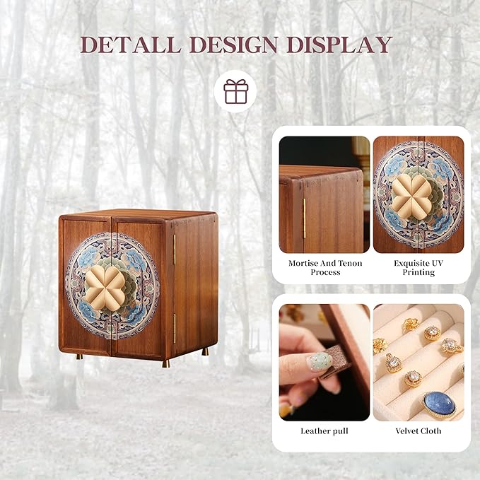 Wooden Jewelry Box for Women Jewelry Box With Drawers Walnut Wood (Walnut Wood with printing A)