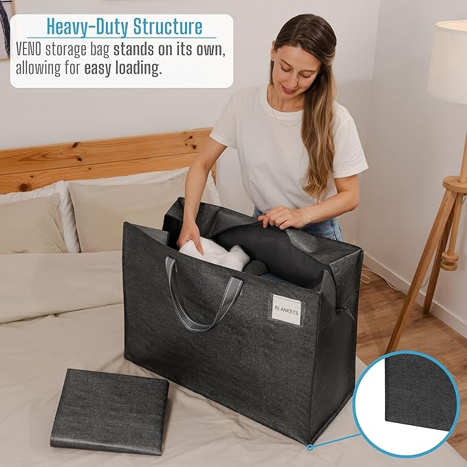 VENO 4 Pack Moving Bags, Christmas Storage Containers, Storage Totes, Zipper On Top, Sturdy, Storage Bags for Camping, Clothes, Bedding, Comforters, Pillows (27 Gallon Dark Gray, 4 Pack)