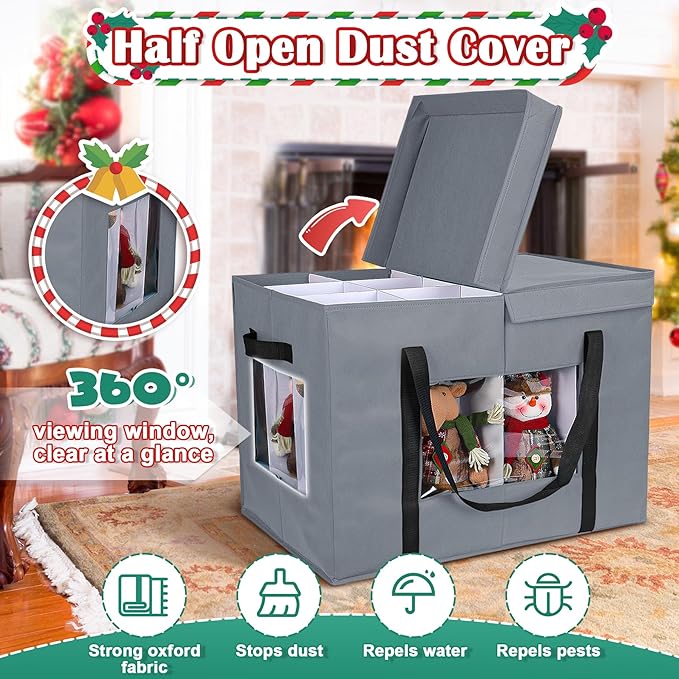 Christmas Figurine Storage Box, 24”x18”x15” Ornament Storage Box, 2025 UpgradeNutcracker Storage Box, Figurine Storage with Dividers, Adjustable Extent Area for Figurines and Pocket, Grey