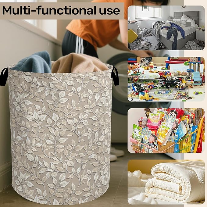 Beige Leaves Modern Laundry Basket - Heavy Duty 60L Dirty Clothes Organizer, Water Resistant Foldable Hamper for Men Women