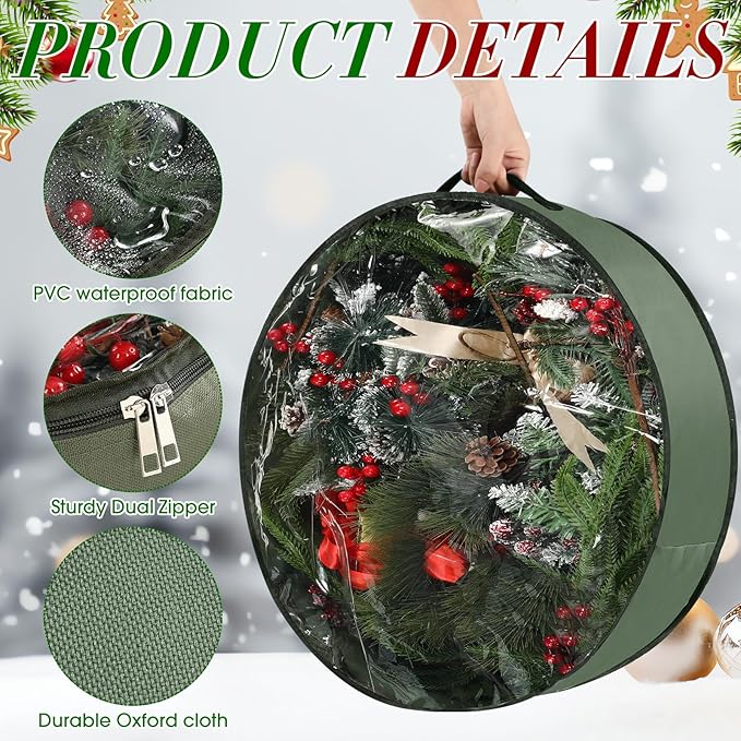 4 Pack Wreath Storage Container, 36 Inch Christmas Wreath Storage Box with Clear Window and Handles Upgrade Oxford Cloth Garland Bags with Dual Zipper for Xmas Wrapping, Green