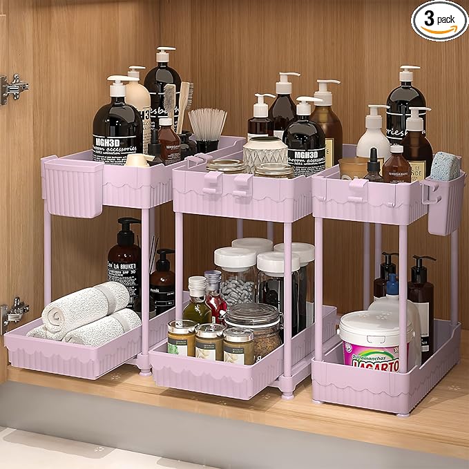 Sevenblue 3 Pack Under Sink Organizers, 2-Tier Multi-Use Kitchen and Bathroom Organizers and Storage with Sliding Drawers，Bathroom Cabinet Organizer (Pink, 12.8 Inch)