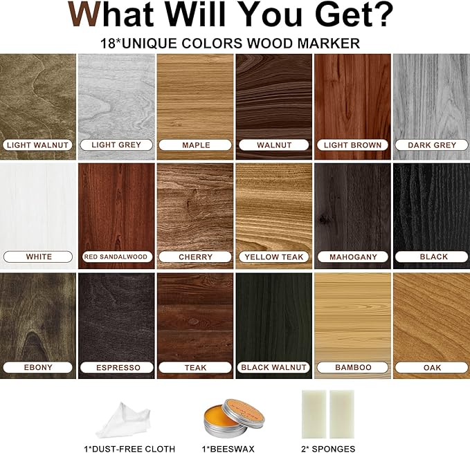 Furniture Markers Touch Up Kit - New Upgrade 18 Colors Wood Scratch Repair Kit with Beeswax Furniture Polish, Wood Markers Pens for Scratches, Stains - Restore Wooden Floor, Table, Cabinet, Bedpost