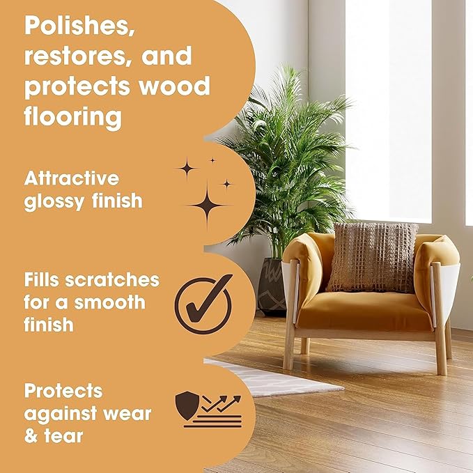 Furniture Clinic Wood Floor Polish | 1700 Sq Ft Coverage | Polishes to a Glossy Finish | Protects Against Stains & Fills Scratches | For All Types of Wood Flooring | 17oz/500ml