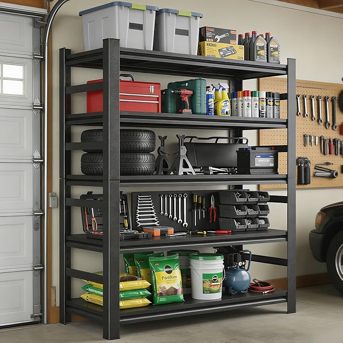 Notmise Garage Shelving, Heavy Duty Metal Shelves Unit, 5-Tier Adjustable Storage Shelf, Industrial Shelving Unit, 3000Lbs, for Garage, Warehouse, and Basement with Fence (72" H x 15.7" D x 35.4" W)