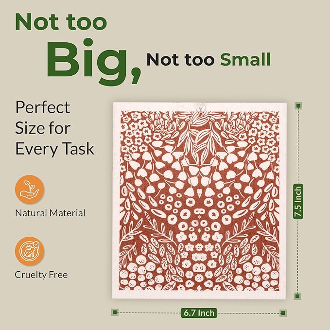 MosJos Swedish Dishcloths, Vintage Plant-Based Cellulose, 6.7x7.5 Inch, Super Absorbent, Multi-Surface, Machine Washable, Reusable, 5 Pack (Rust Green Burgundy)