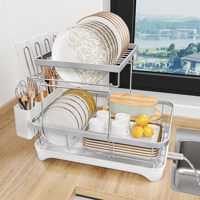 HOMEAILIE Dish Drying Rack for Kitchen Counter, 2-Tier 304 Stainless Steel Dish Rack with Adjustable Drainage Board, Removable Cup Holder, Utensil Holder, White