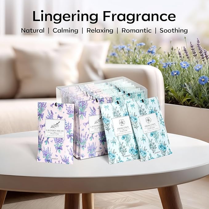 MYARO 20 Packs Lavender Linen Scent Sachet Long Lasting Closet Drawer Deodorizer Home Air Freshener Room Odor Eliminator