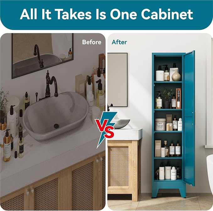 67" Tall Storage Cabinet with Reversible Doors and Adjustable Shelves,Metal Slim Freestanding Cabinets for Bathroom Kitchen Garage Small Spaces,Blue,5-Tier