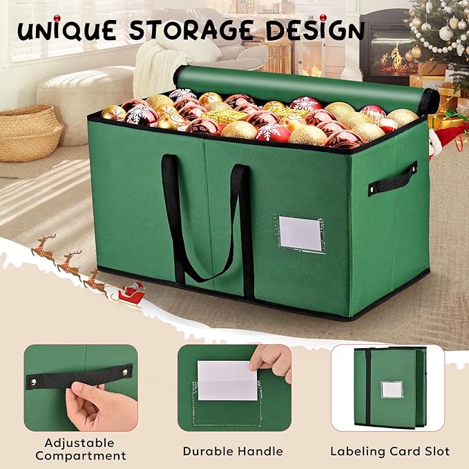 Mrrihand Christmas Ornament Storage Box, Ornament Storage Container with 8 Trays-Xmas Decoration Organizer Keeps 128 Holiday Ornaments 3-Inch, Dual Zipper Closure, 600D Tear-Proof（Green）