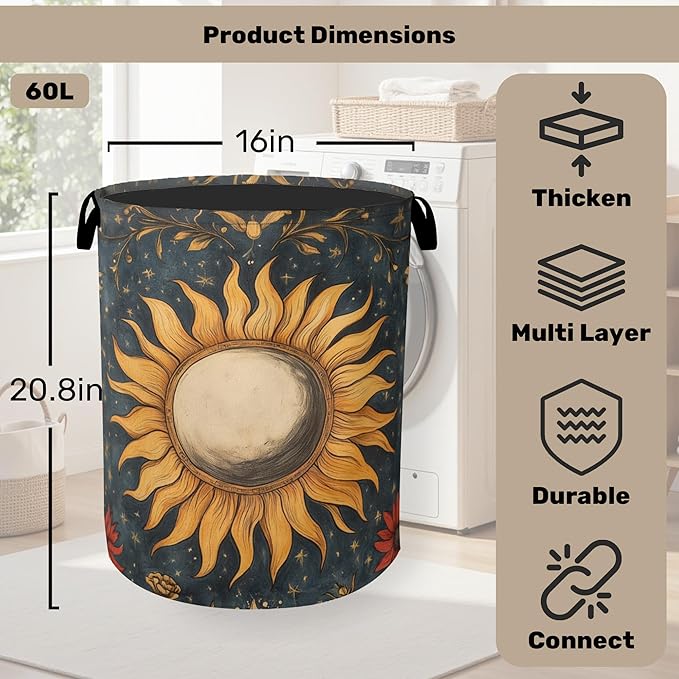 Gothic Sun Large Clothes Hamper Bag - Laundry Basket with Handles, Space Saving Foldable Design for Nursery