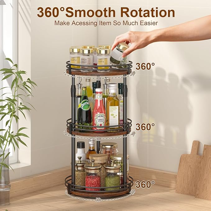 Across-Star Lazy-Susan-Organizer-Spice-Rack, 3-Tier Adjustable Rotating Spice Organizer For Kitchen-Cabinet-Countertop-Pantry, Turntable Seasoning Holder Storage Shelf