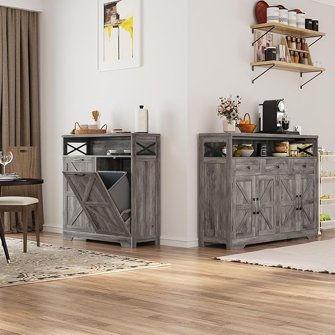 Double Tilt Out Trash Can Cabinet for 13 * 2 Gallon Garbage Can, Farmhouse Kitchen Garbage Trash Bin for Hidden Laundry Basket, Dual Dog Proof Recycling Cabinet for Dining Living Room, Grey