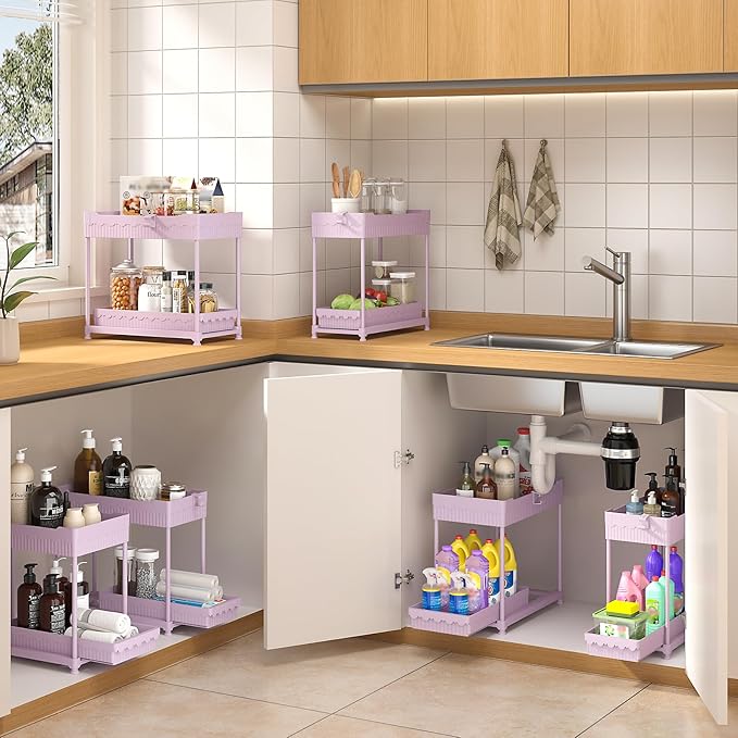 Sevenblue 3 Pack Under Sink Organizers, 2-Tier Multi-Use Kitchen and Bathroom Organizers and Storage with Sliding Drawers，Bathroom Cabinet Organizer (Pink, 14.8 Inch)