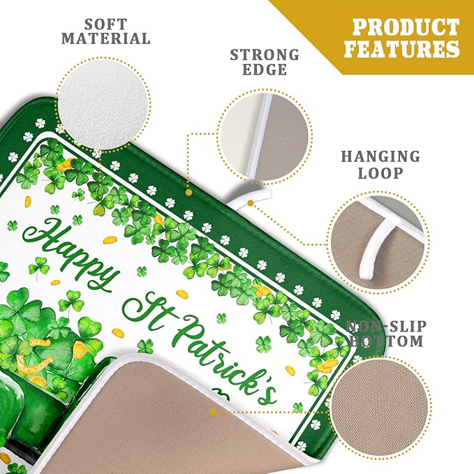Shamrock Gnome Truck Dish Drying Mat Lucky Clover Dish Drainer Mat 16x18 inch Absorbent Fast Dry Pad for Kitchen Counter Coffee Bar Decor