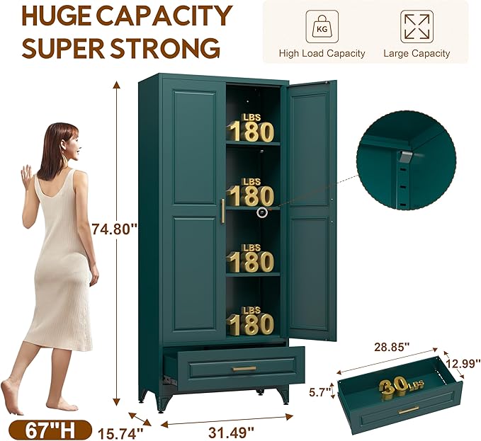 75" Kitchen Pantry Cabinet with Drawer, Tall Storage Cabinet with Doors and 4 Shelves, Metal Storage Cabinets for Kitchens, Living Room, Dinning Room, Assembly Required, Green