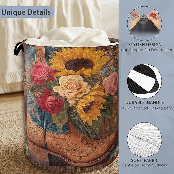 Cowboy Boots Laundry Basket,Wooden Sunflowers Foldable Oxford Cloth Tote Bag Laundry Hamper Clothes Storage Bucket Organizer for Bedroom Laundry Storage Dormitories 16" x 20.8"